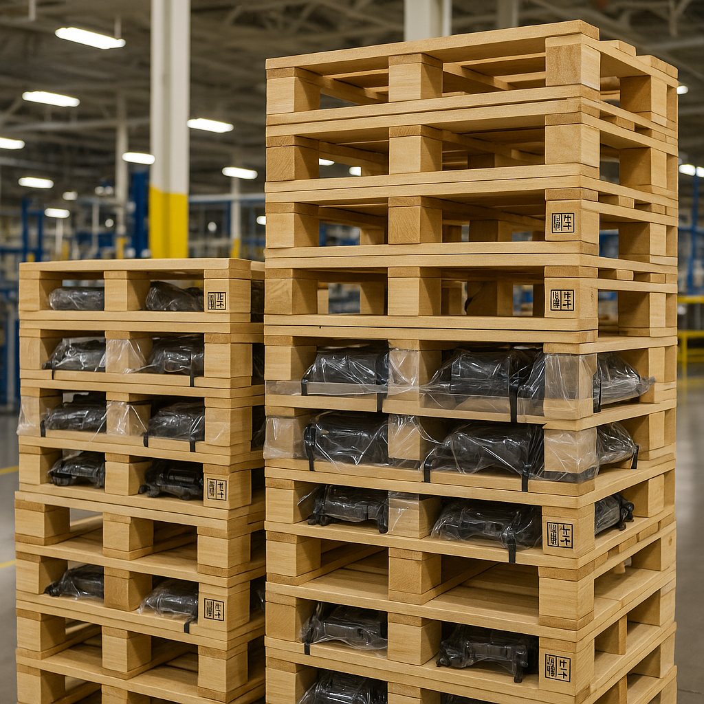 Pallets de madera tratada térmicamente apilados de